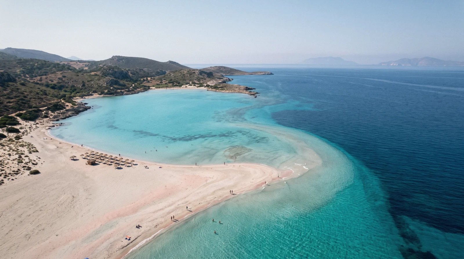 A shallow turquoise lagoon meeting a pale sandbar on a Crete beaches day