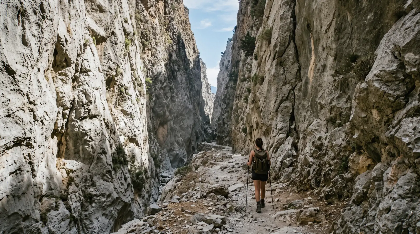 A hiker descending the white limestone walls of Samaria Gorge, the centerpiece of a crete in 7 days itinerary