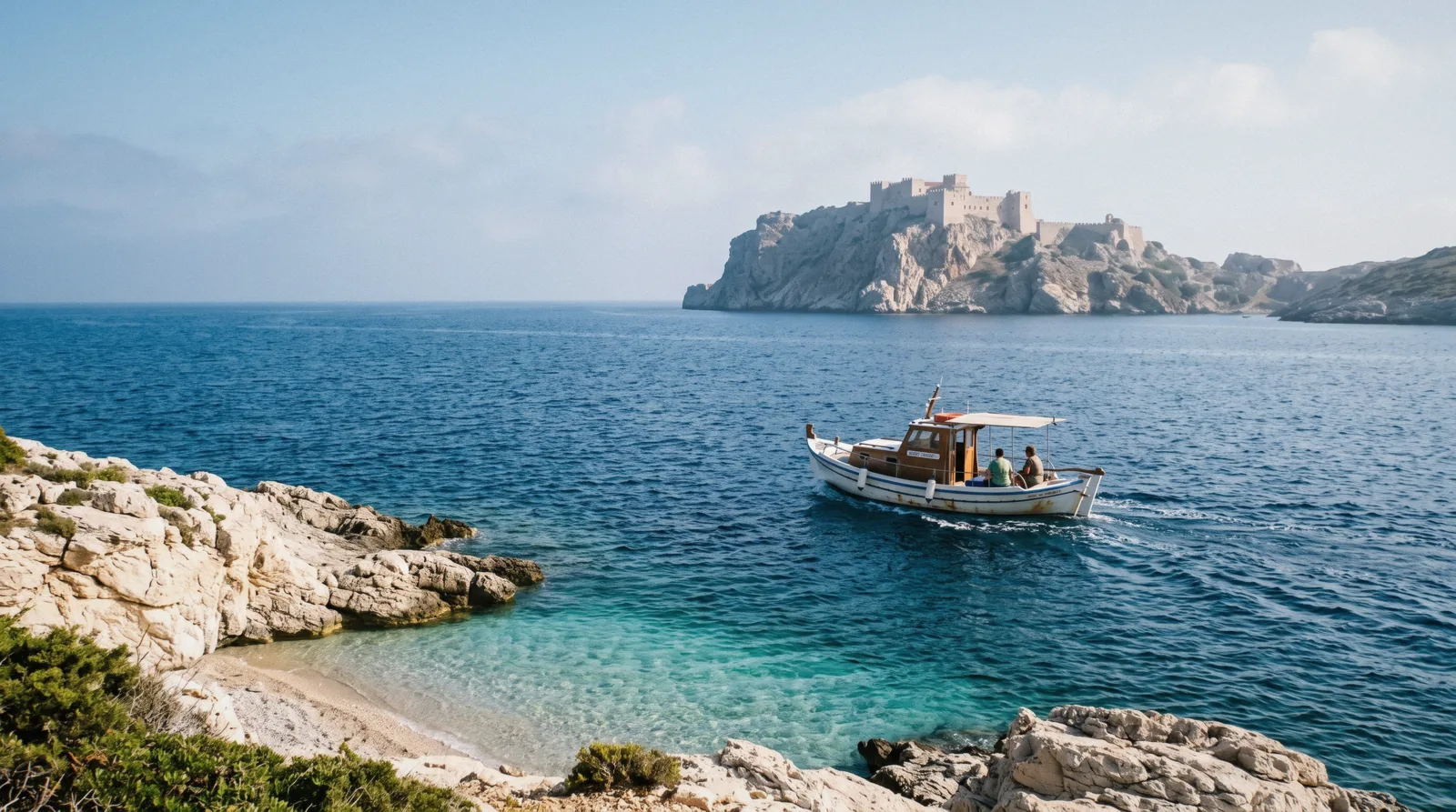 A small excursion boat crossing toward a fortress island on a Crete tours day