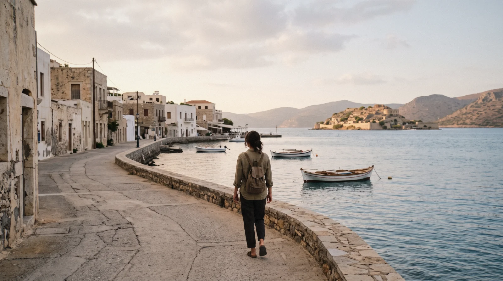 Elounda waterfront looking across Mirabello Bay toward Spinalonga, Crete