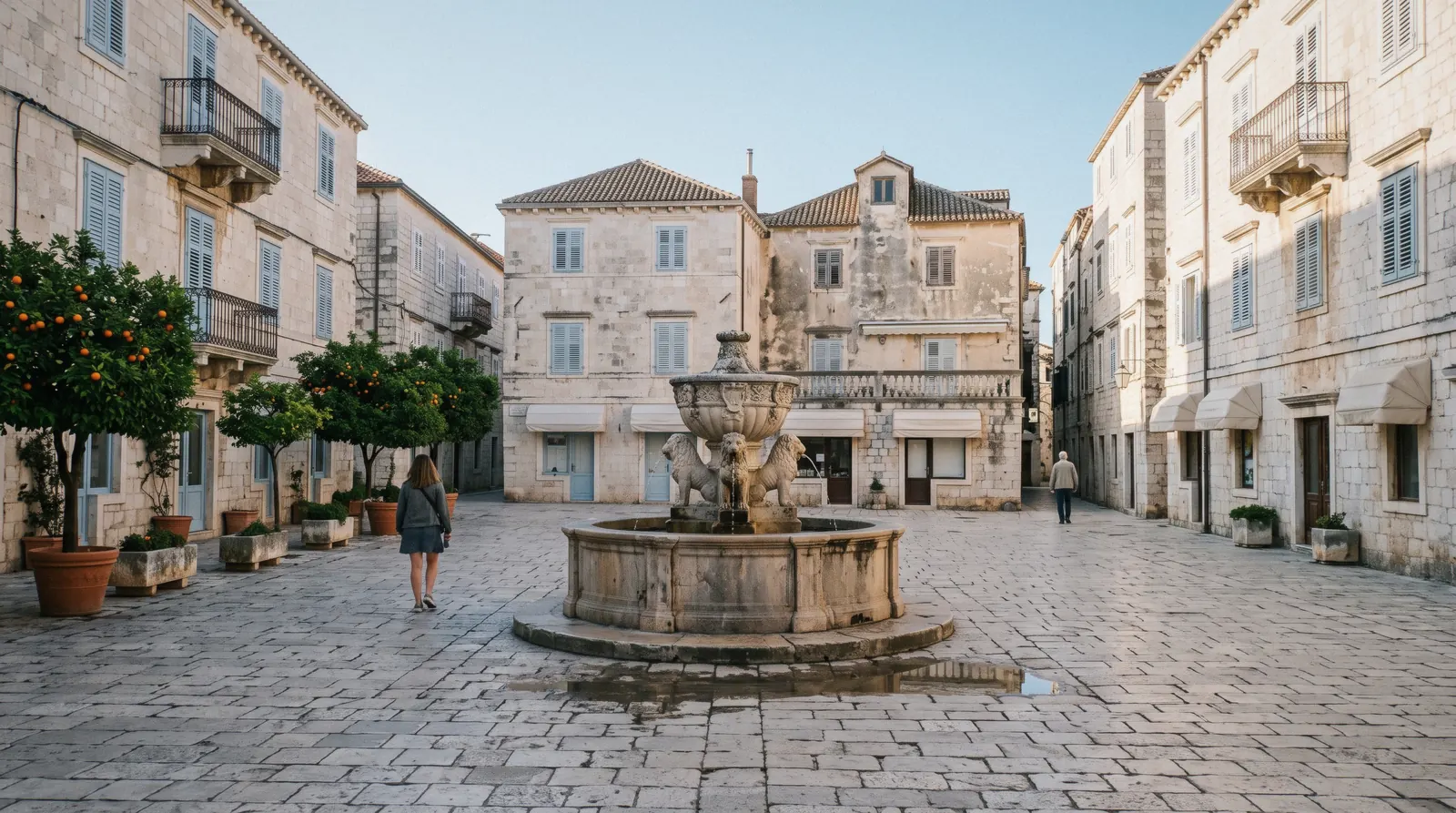 A sun-bleached old town square with a carved stone fountain, a free things to do in Crete stop