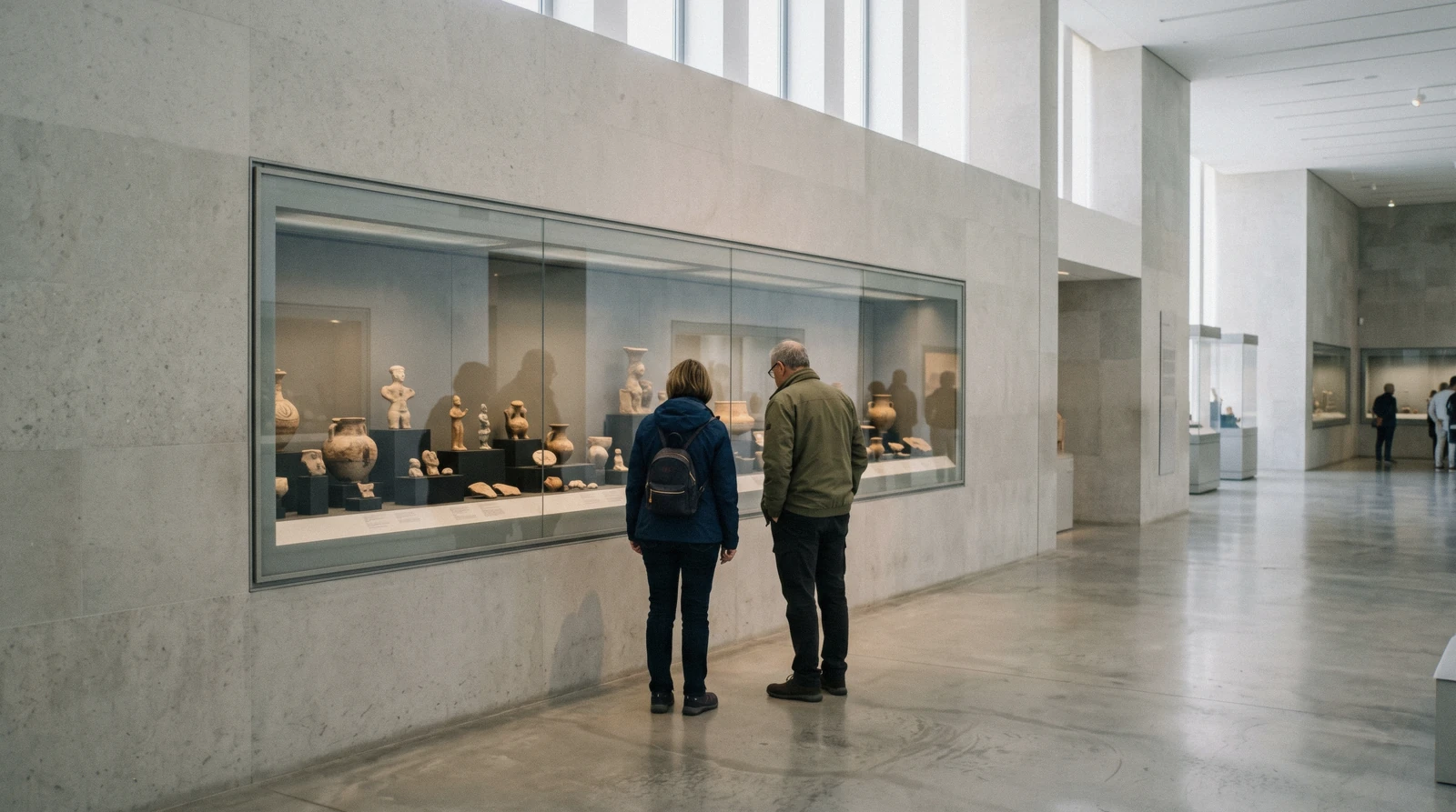Visitors in a gallery of Minoan artifacts at the Heraklion Archaeological Museum, Crete