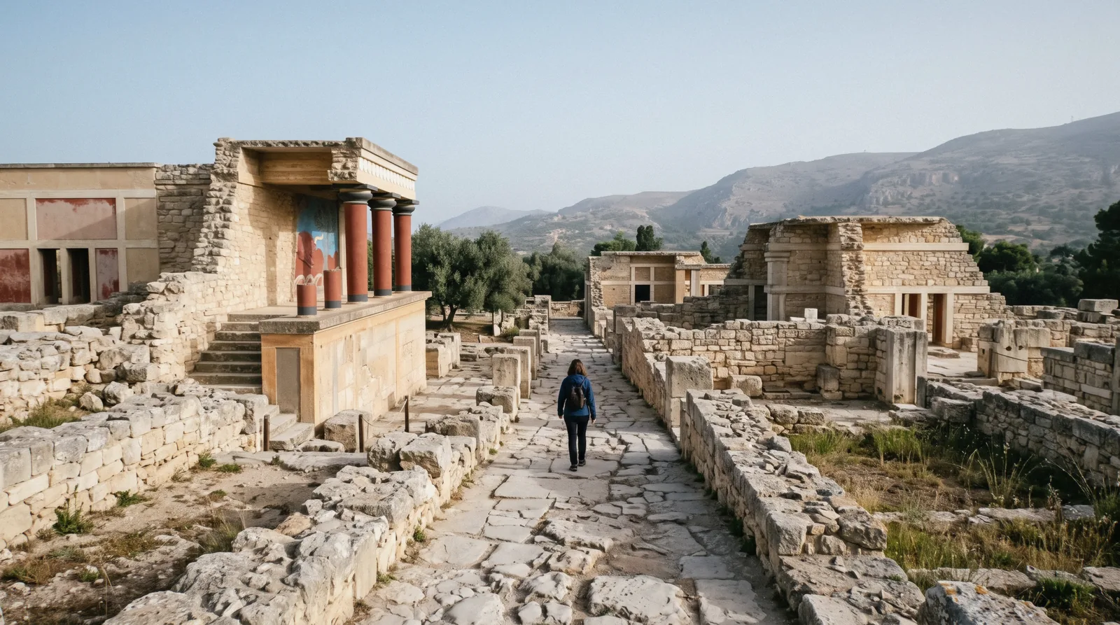 Restored red columns and the Throne Room ruins of the Minoan palace at Knossos, Crete
