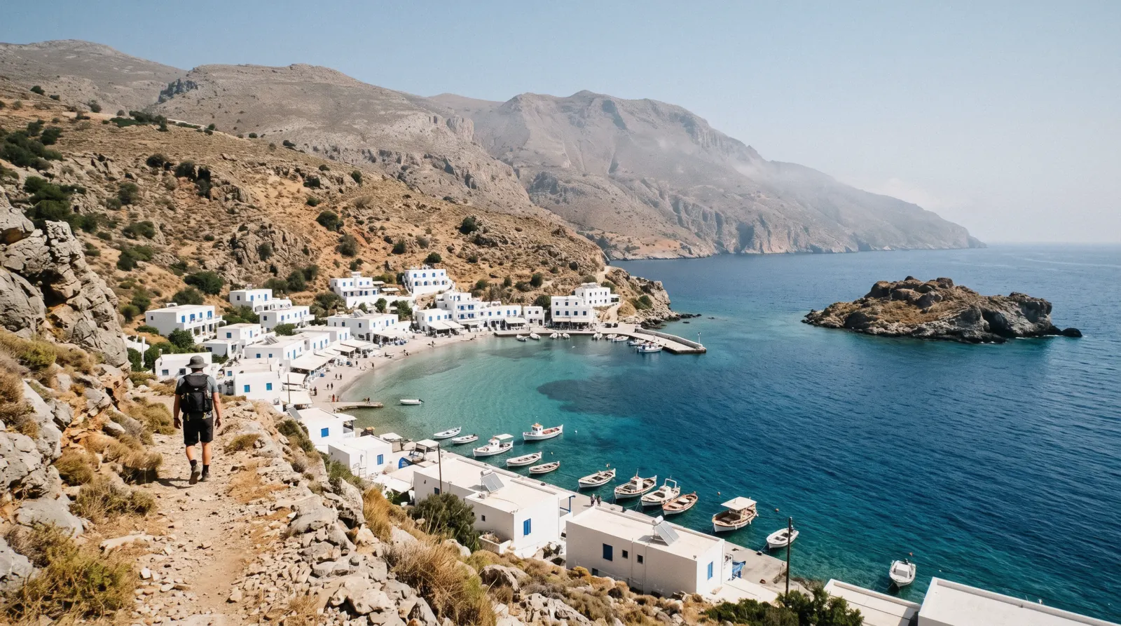 The clear bay at Loutro with Loutro islet offshore, a south-coast Crete village reached only by boat or on foot