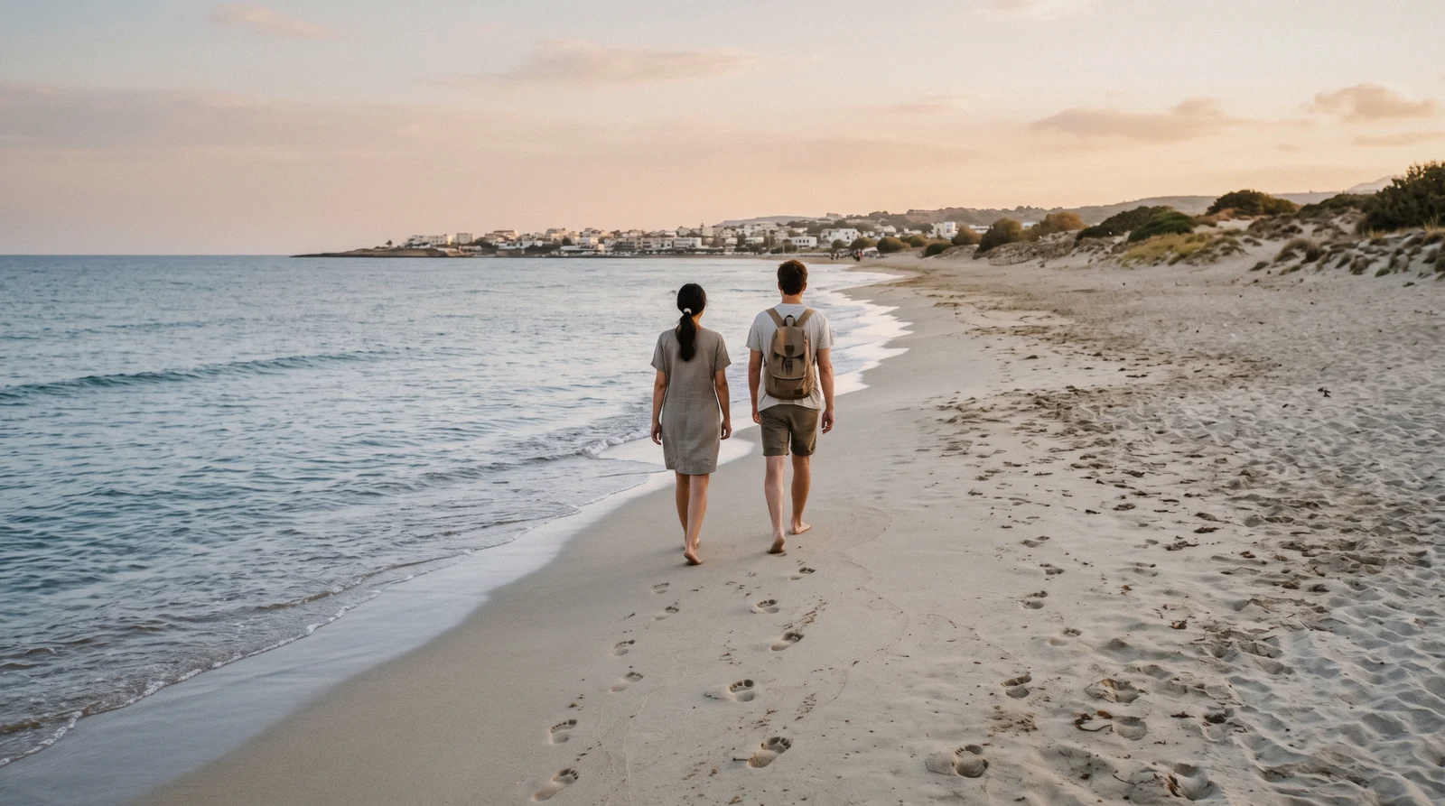 The long sandy beach of Malia, Crete, with the old town in the distance