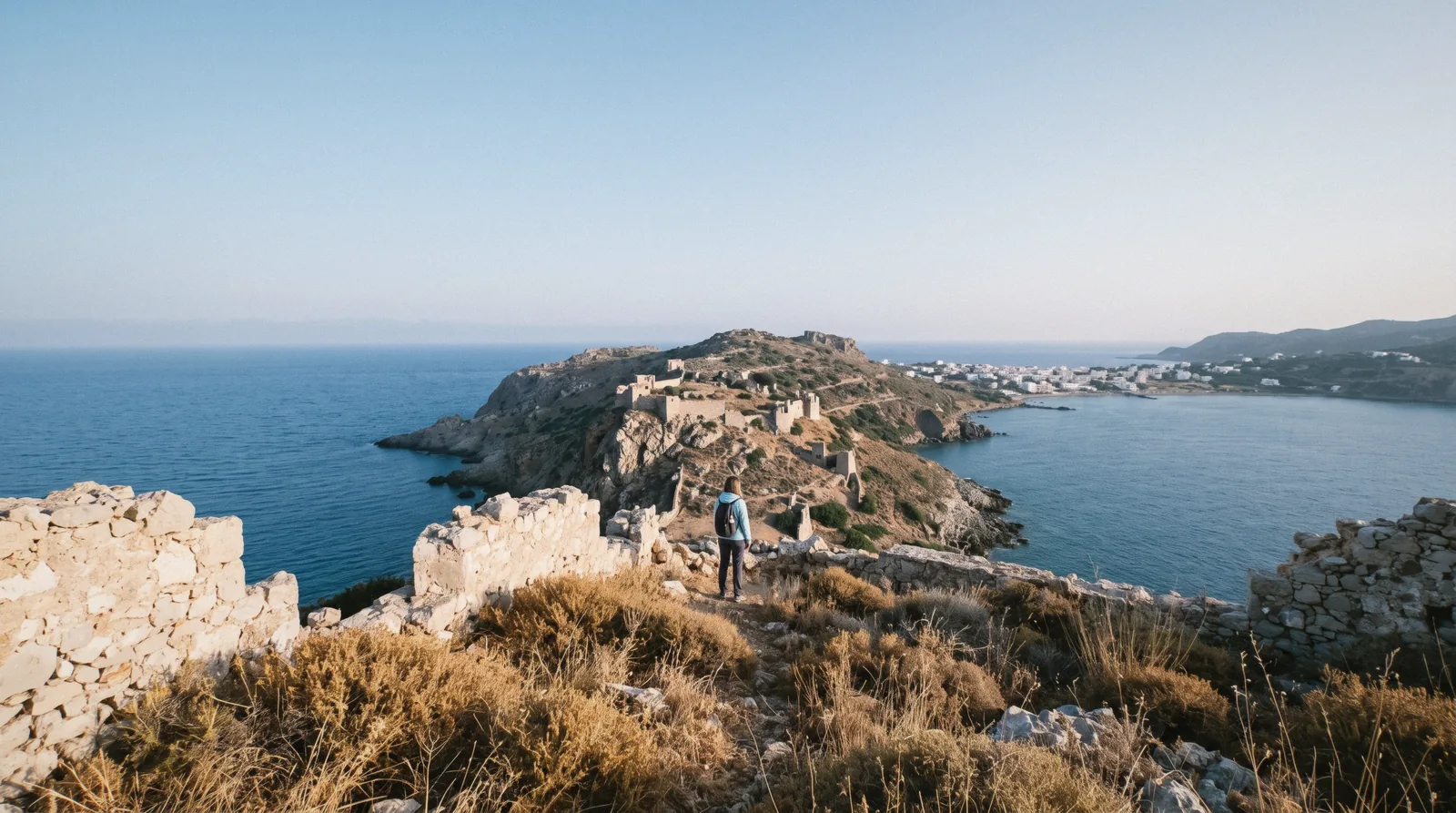 The ruined Venetian castle of Kastro Selinou on the headland above Paleochora, south-west Crete