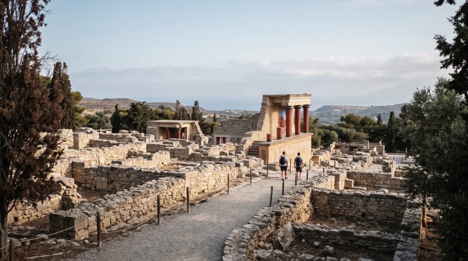 The excavated ruins of a Minoan palace among cypress trees on a things to do in Crete tour