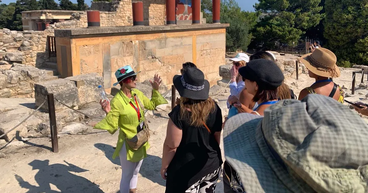 Restored red columns of the north entrance on a Knossos skip-the-line guided tour, Crete Greece