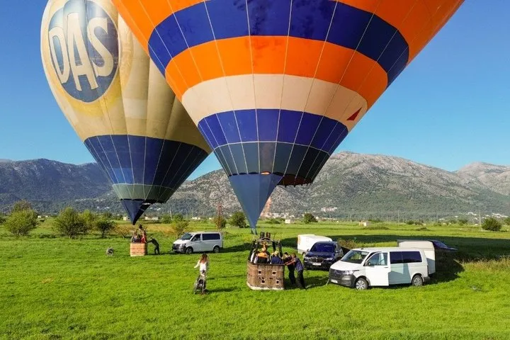 Hot-air balloon over the Lasithi Plateau at sunrise, Crete Greece