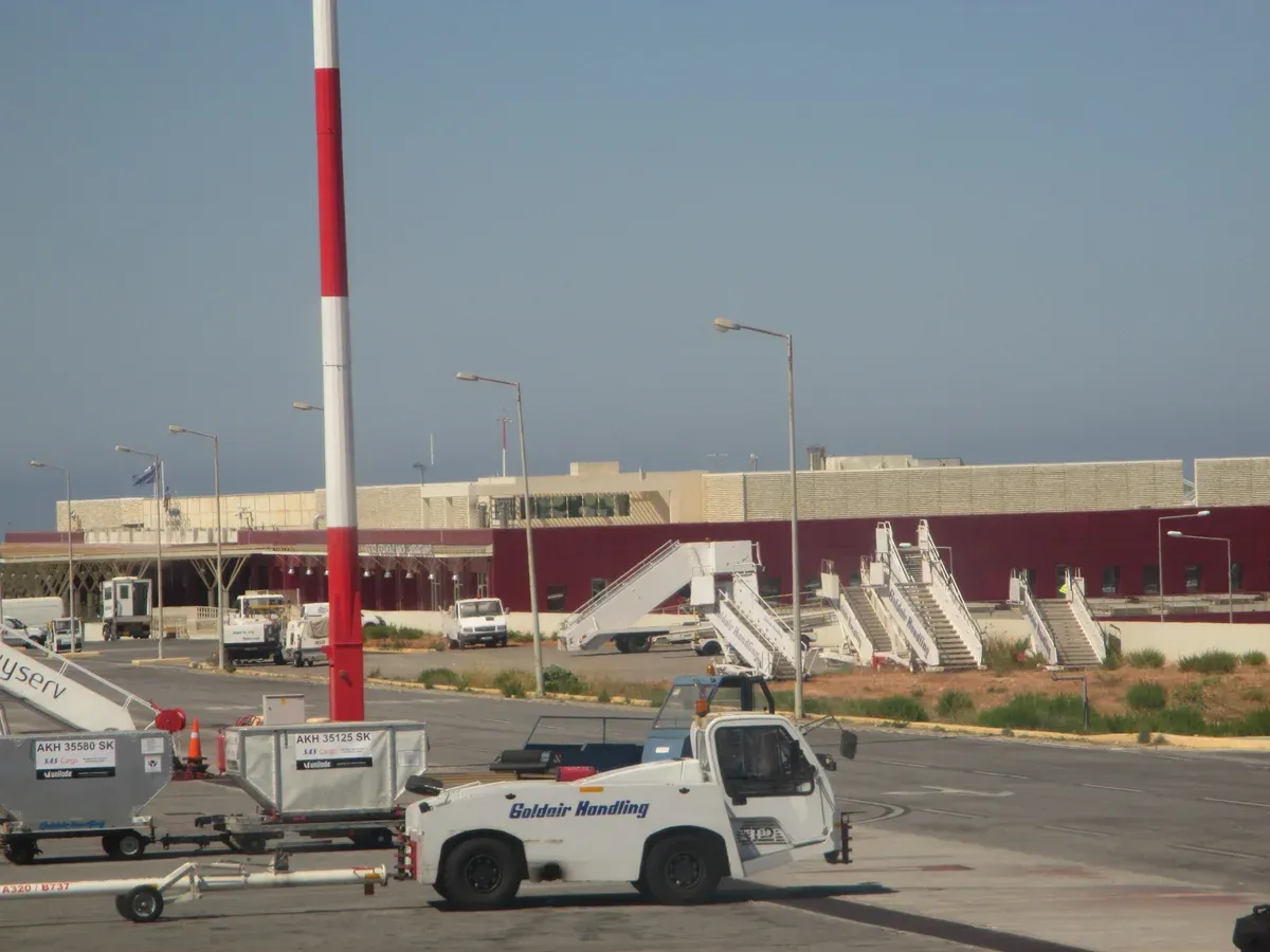 The terminal building at Chania International Airport seen from an arriving aircraft, Crete