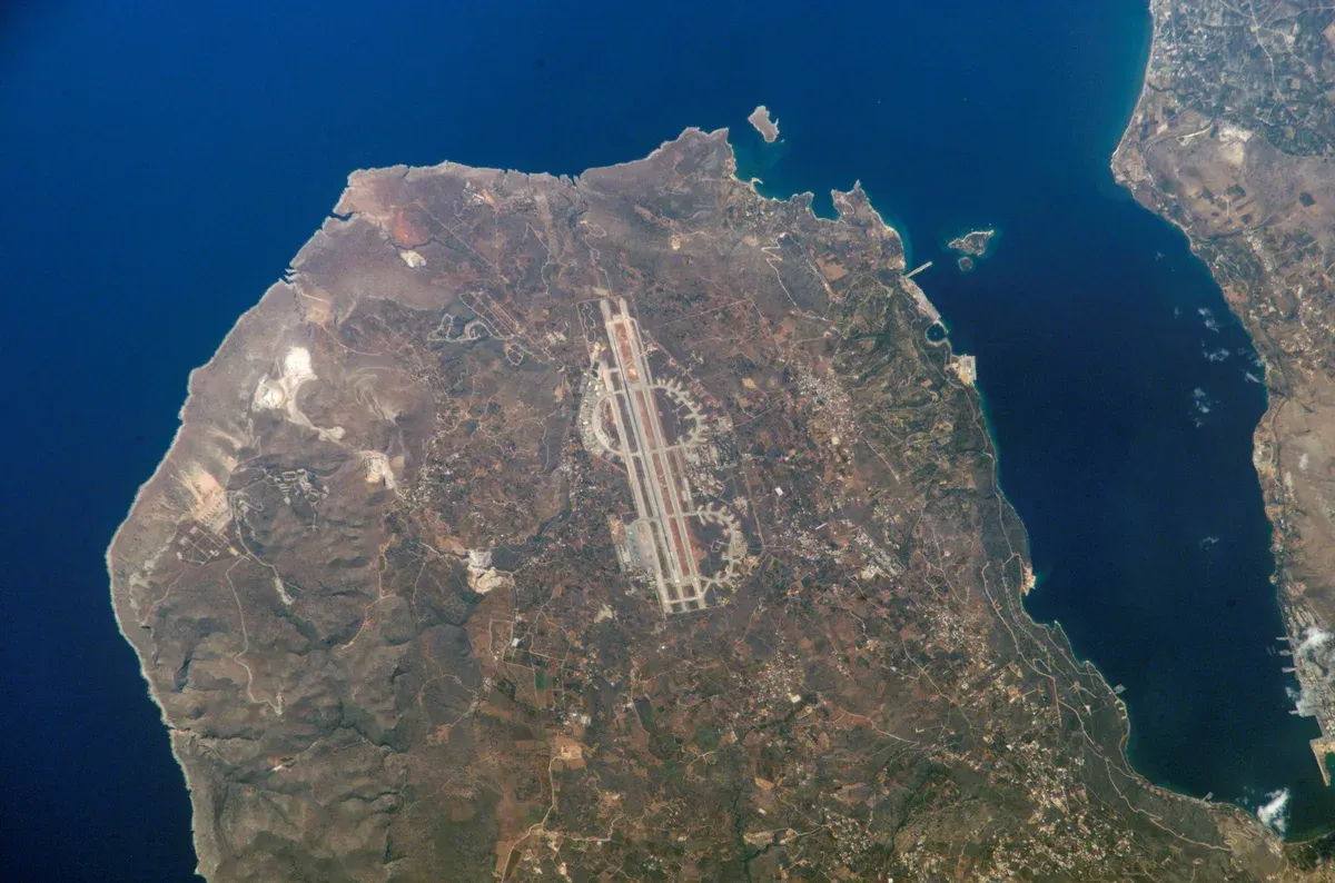 Aerial satellite view of Chania airport on the Akrotiri peninsula, Crete