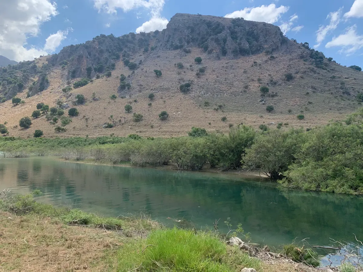 The still surface of Lake Kournas near Georgioupoli, Crete