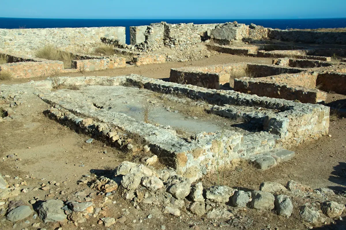 The ruined walls of Kastro Selinou, the 13th-century Venetian castle on the headland above Paleochora, Crete