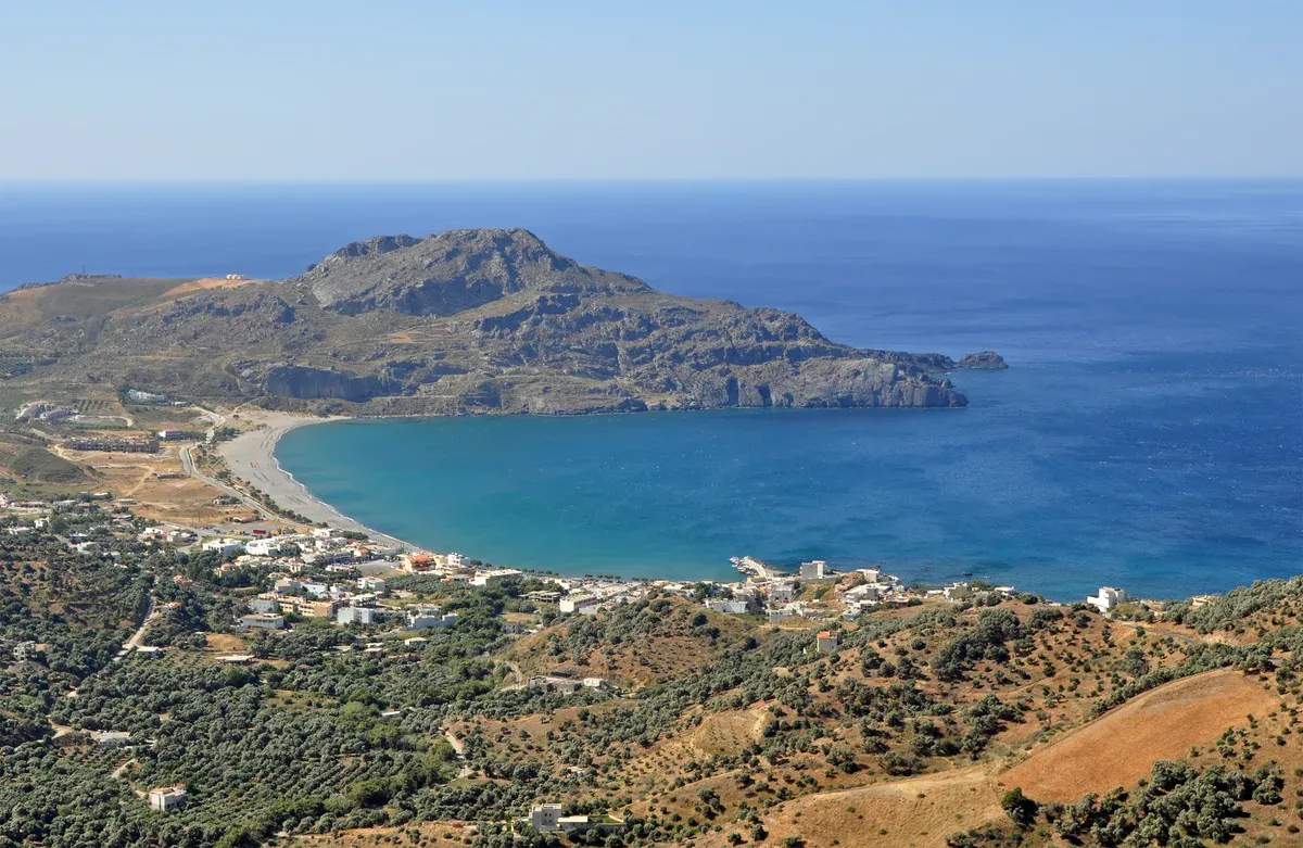 A panoramic view of the Plakias bay and village from the hillside above, south coast of Crete