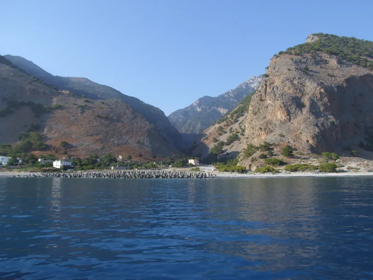 Agia Roumeli bay at the sea end of Samaria Gorge, where the hike finishes and the boats leave, Crete