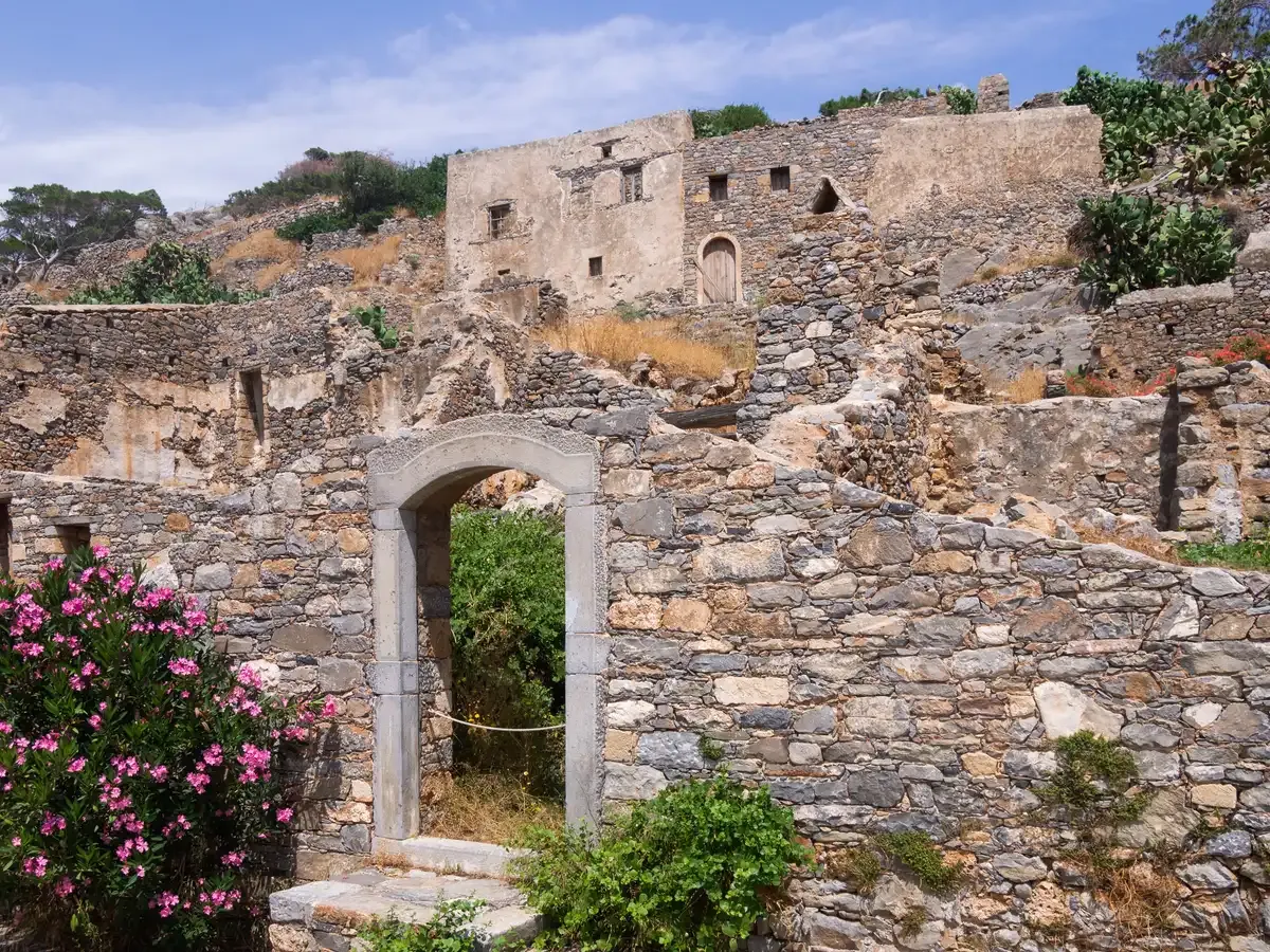 A restored stone archway in the houses on Spinalonga, reached by boat on a Spinalonga ticket, Crete